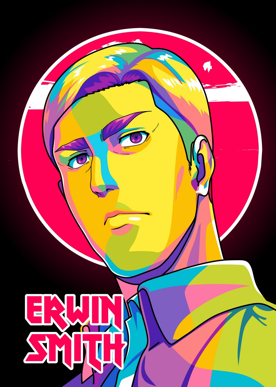 A striking Pop Art-style illustration of Erwin Smith from Attack on Titan, featuring bold colors and dynamic contrasts that emphasize his leadership and determination. The artwork captures his intense gaze and unwavering resolve.