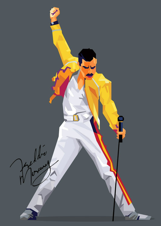  Freddie Mercury WPAP art, performing on stage, microphone in hand, fist raised, geometric vibrant colors.