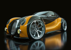 A realistic photo of a futuristic concept car in black and yellow, showcasing its aerodynamic shape and cutting-edge design. The sleek lines and futuristic features create a sense of speed and innovation, perfect for those who admire modern automotive technology.

