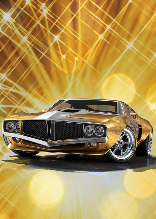 A photo of a golden and shining futuristic muscle car