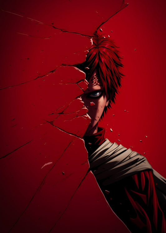 Gaara from Naruto with a sinister gaze, half-face visible behind a cracked wall, red tones, intense expression.