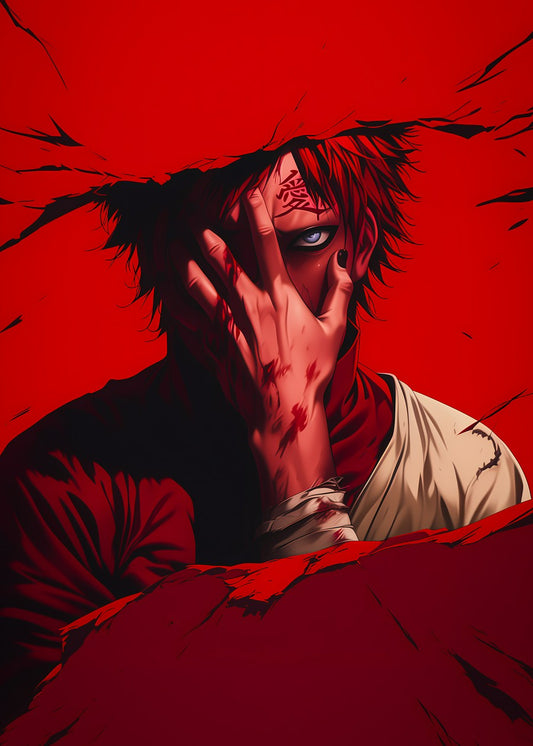 Gaara from Naruto, red tones, standing behind a broken wall with one hand covering his face, revealing a sharp and determined eye.