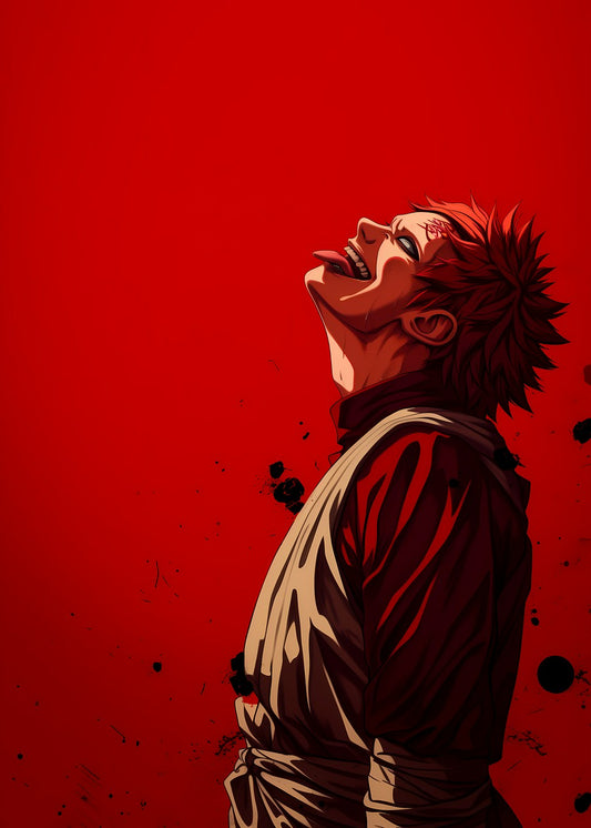 Gaara from Naruto, laughing evilly, gazing upwards with red tones surrounding him, capturing his dark and powerful persona.