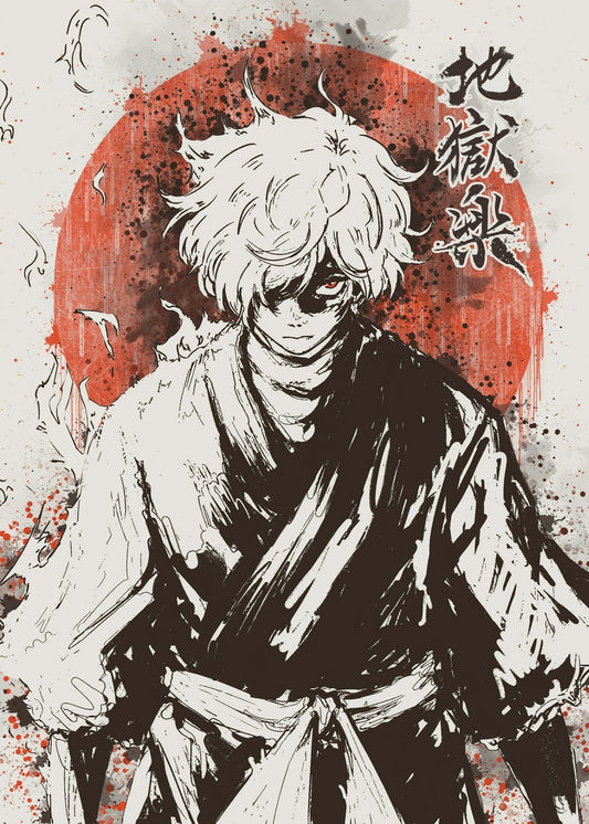 A minimalist black and white watercolor-style illustration of Gabimaru from Hell's Paradise, highlighting his strong and determined expression. The artwork embraces a simple yet captivating Japanese art style, emphasizing his fierce and heroic nature in a refined and stylish manner.