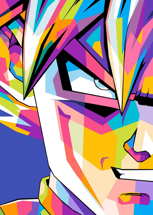 A bold WPAP-style illustration of Gohan from Dragon Ball, featuring sharp geometric shapes and vivid colors that highlight his strength and determination. The dynamic composition captures his powerful presence in an eye-catching modern art style.