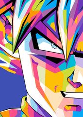 A bold WPAP-style illustration of Gohan from Dragon Ball, featuring sharp geometric shapes and vivid colors that highlight his strength and determination. The dynamic composition captures his powerful presence in an eye-catching modern art style.