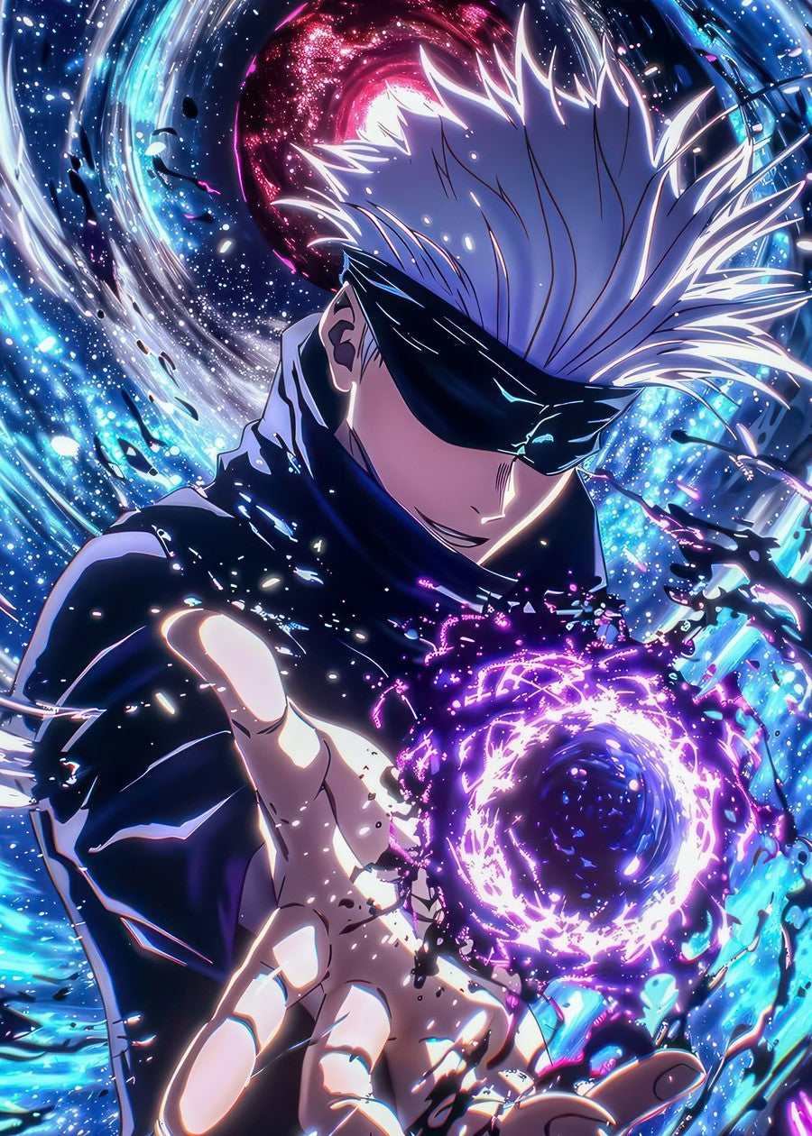 A dynamic illustration of Gojo Satoru from Jujutsu Kaisen. The background features a swirling vortex of blue and red light dots, enhancing the intense atmosphere. Gojo holds a powerful purple energy sphere in his hand, radiating with energy. The vivid colors and powerful aura emphasize his immense strength and mastery of jujutsu. 