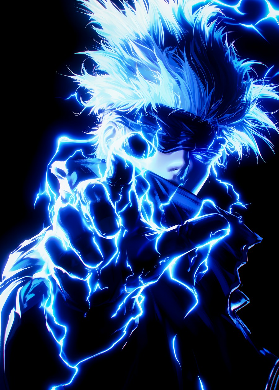 Gojo Satoru from Jujutsu Kaisen surrounded by blue lightning, dynamic energy, powerful aura, intense and vibrant colors.