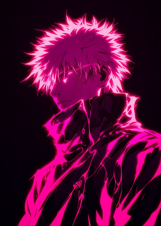 Gojo Satoru illustration in pink and neon, bold contrast, vibrant colors, powerful aura from Jujutsu Kaisen.