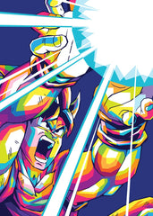 A powerful WPAP-style illustration of Goku from Dragon Ball, in battle stance while unleashing his Kamehameha wave. The artwork uses bold geometric shapes and vivid colors to capture the intense energy, strength, and visual impact of this iconic move.