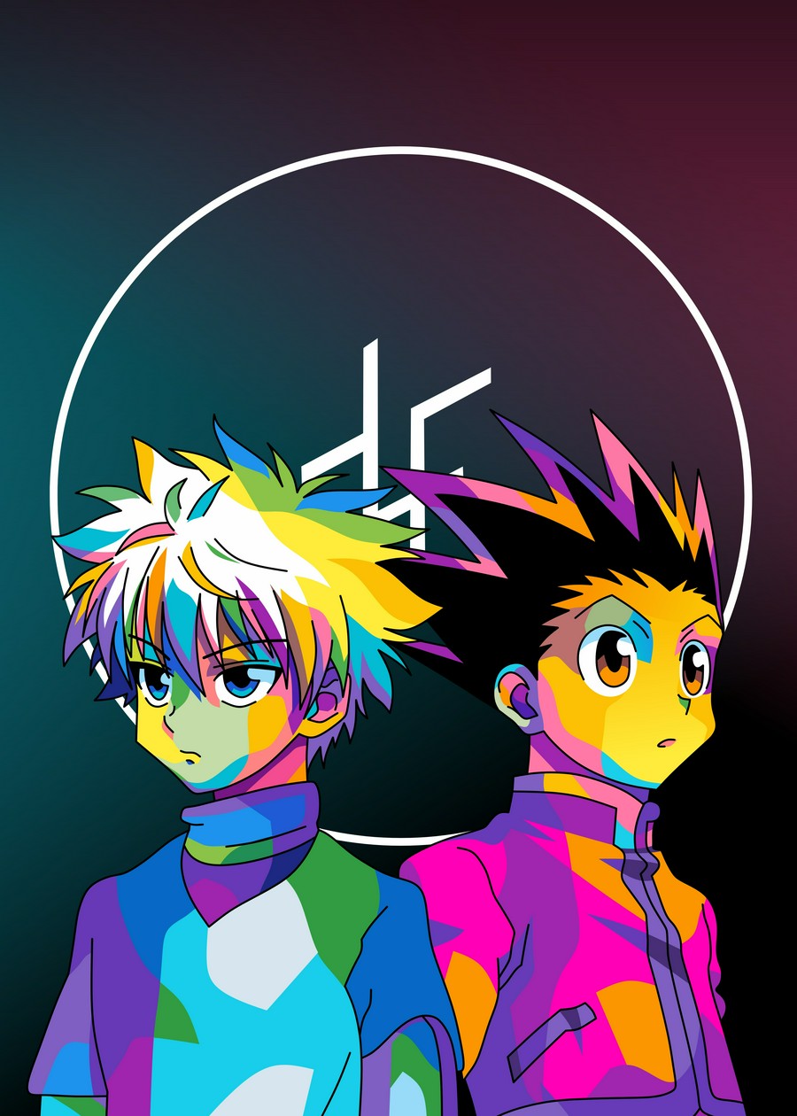 A striking WPAP-style illustration of Gon and Killua from Hunter x Hunter. This dynamic artwork uses sharp geometric shapes and vivid colors to capture the essence of their strong friendship and adventurous spirit, emphasizing their unique bond and determination.