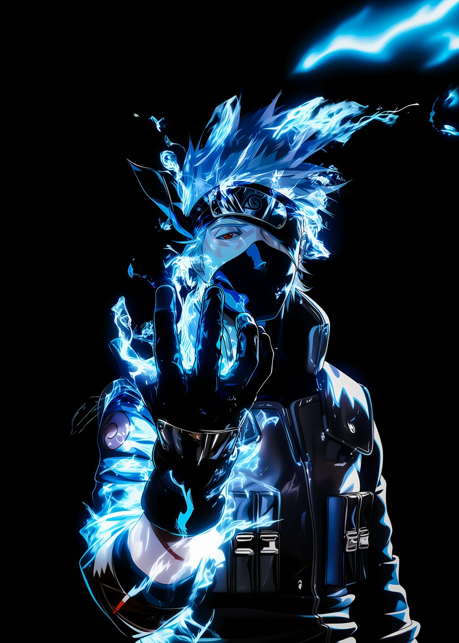 Hatake Kakashi with glowing blue energy and flames, intense contrast, and powerful presence.