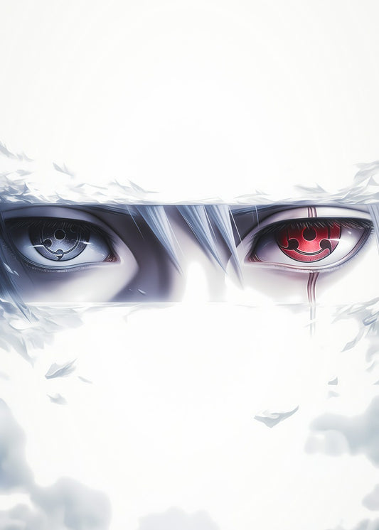 Hatake Kakashi close-up with gray and red Sharingan eyes.