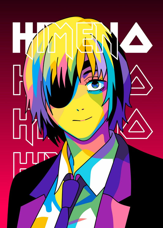 A bold and colorful WPAP-style illustration of Himeno from Chainsaw Man. The artwork features sharp geometric shapes and vibrant tones, capturing her fierce and confident expression in a striking, modern pop-art aesthetic.