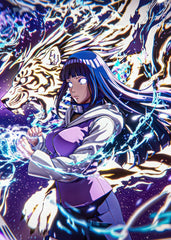 A dynamic and powerful illustration of Hinata from Naruto, surrounded by vibrant colors and energy. In this artwork, a white tiger roars alongside her, symbolizing her strength and determination.