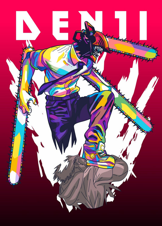 A bold WPAP-style illustration of Denji from Chainsaw Man, wielding chainsaws in both hands with an intense, chaotic energy. The sharp geometric shapes and vibrant colors highlight his raw power and unrelenting determination.

