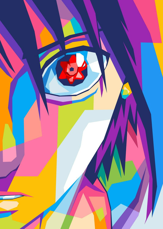 A powerful WPAP-style close-up illustration of Sasuke Uchiha from Naruto, featuring half of his face with bold geometric shapes and intense colors. His sharp gaze and signature features create a striking visual impact.
