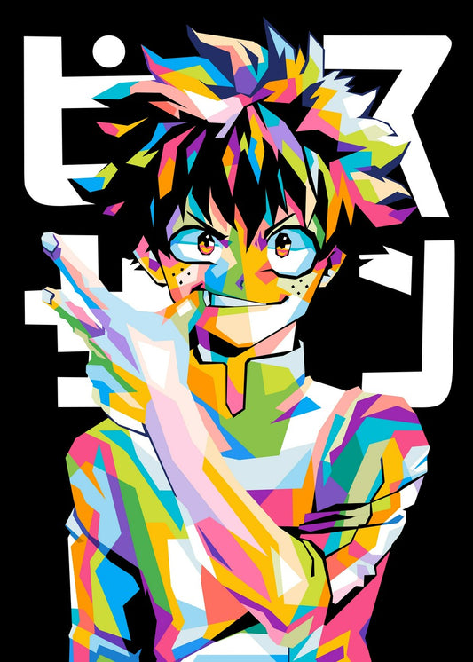 A bold and colorful WPAP-style illustration of Izuku Midoriya from My Hero Academia. The artwork features sharp geometric shapes and vibrant colors, capturing his determined expression in a striking and modern pop-art aesthetic.
