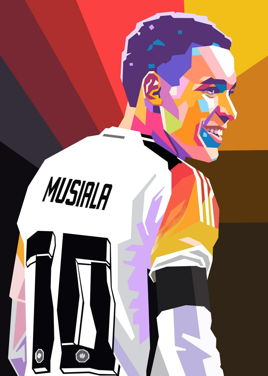 WPAP art illustration of Jamal Musiala smiling and looking over his shoulder.