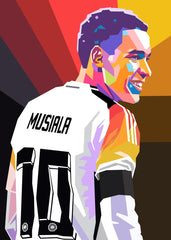 WPAP art illustration of Jamal Musiala smiling and looking over his shoulder.