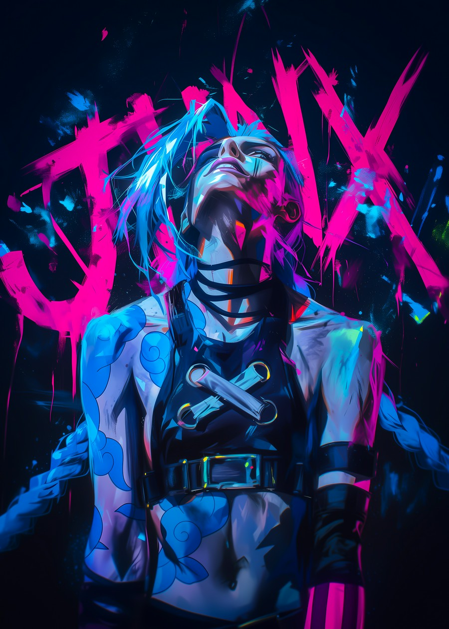 Jinx from Arcane in an explosive burst of blue, purple, and pink colors, radiating chaos and energy.