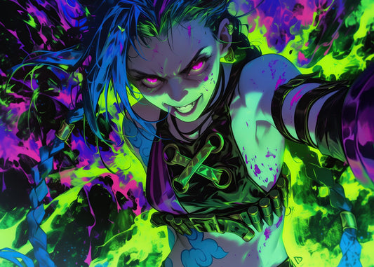  Jinx from Arcane, evil laugh, surrounded by purple and green flames in a dynamic, vibrant illustration.