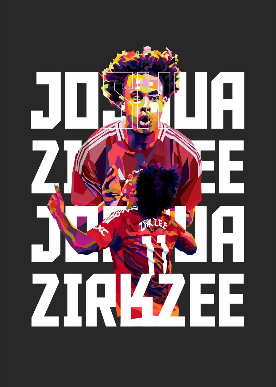  WPAP art of Joshua Zirkzee, a football player, in dynamic motion with vibrant colors and striking visuals.