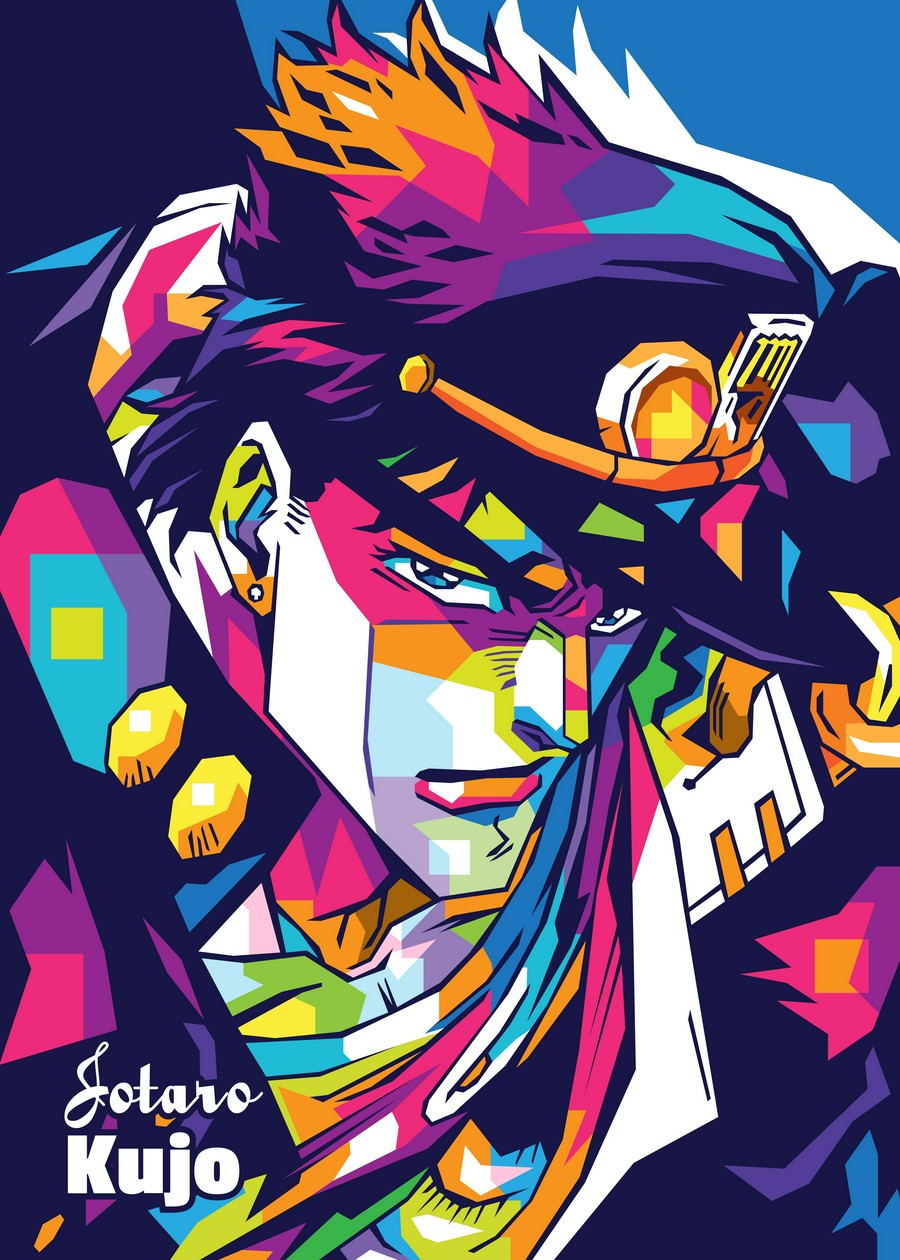 A bold and vibrant WPAP-style illustration of Jotaro Kujo from JoJo's Bizarre Adventure. The artwork features sharp geometric shapes and striking colors, capturing his cool, confident personality and the power of his Stand, Star Platinum, in a modern, pop-art style.