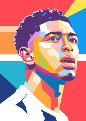  Jude Bellingham in WPAP art, with vibrant colors and geometric shapes capturing his athletic energy and football talent.