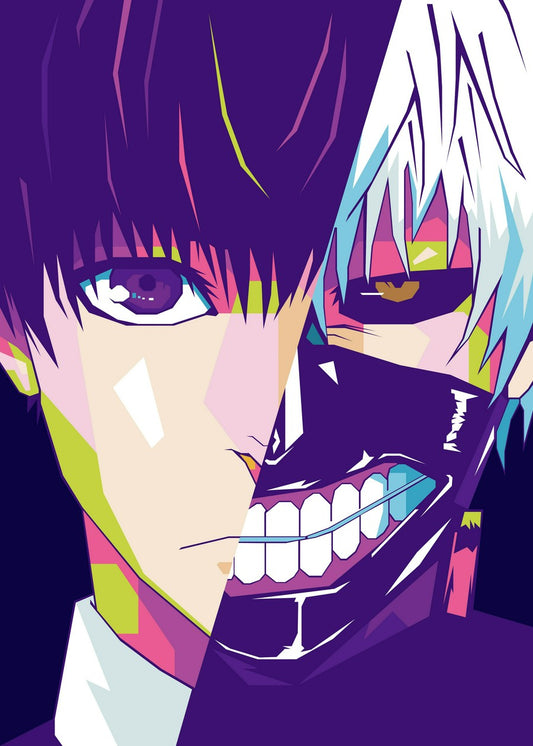 illustration of Kaneki Ken with a half-human, half-ghoul face from Tokyo Ghoul.