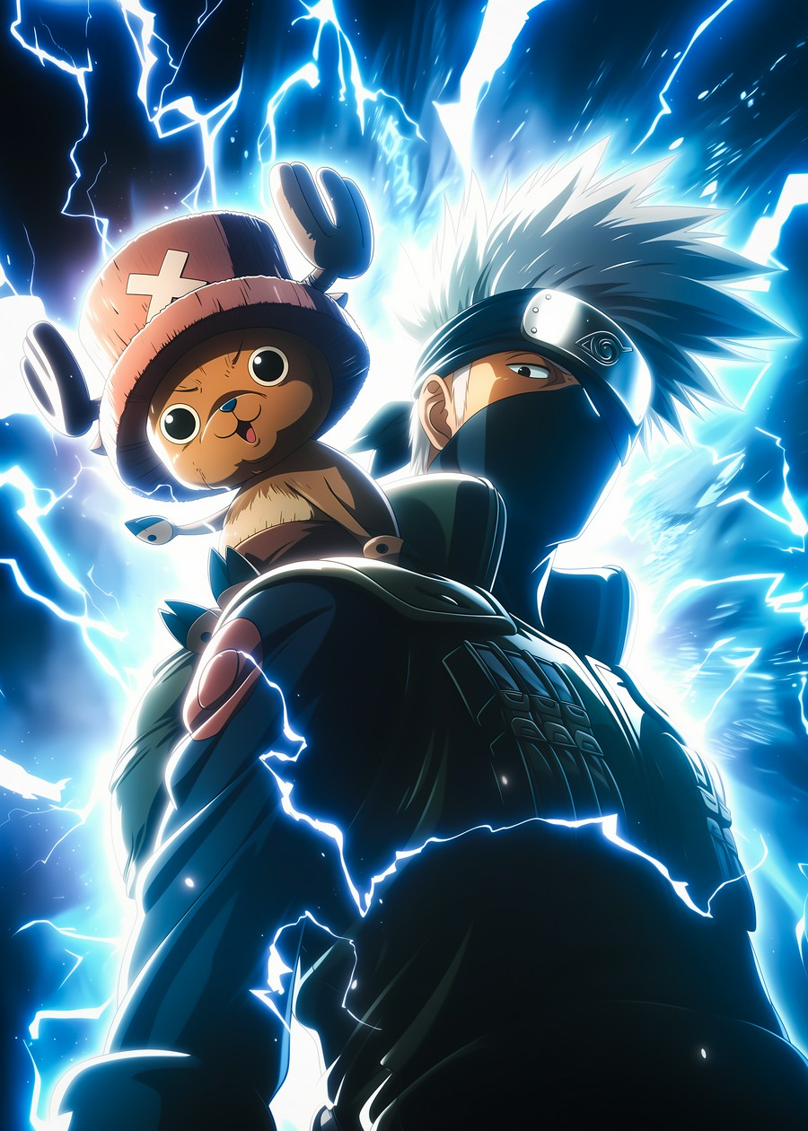 Kakashi and Chopper with blue electric currents flowing around them, showcasing their power and energy.