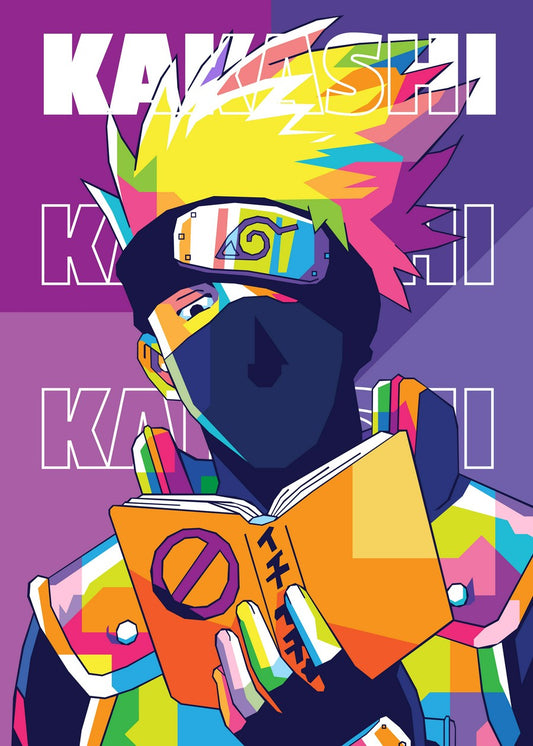 A bold and colorful WPAP-style illustration of Kakashi Hatake from Naruto. The artwork features sharp geometric shapes and vibrant tones, capturing his calm yet fierce personality, with a focus on his iconic Sharingan and stoic demeanor in a striking, modern pop-art aesthetic.