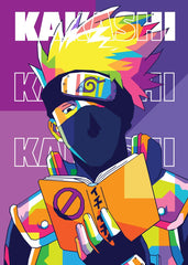 A bold and colorful WPAP-style illustration of Kakashi Hatake from Naruto. The artwork features sharp geometric shapes and vibrant tones, capturing his calm yet fierce personality, with a focus on his iconic Sharingan and stoic demeanor in a striking, modern pop-art aesthetic.