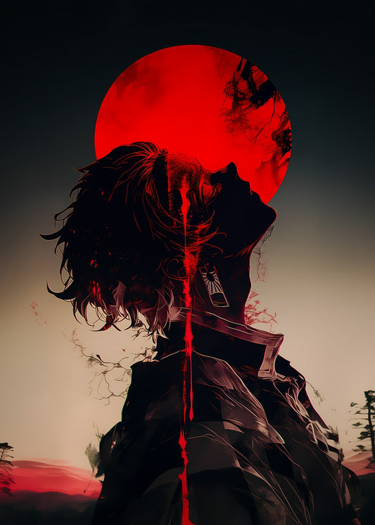  Kamado Tanjiro from Demon Slayer with a red moon behind him, exuding mystery and strength.