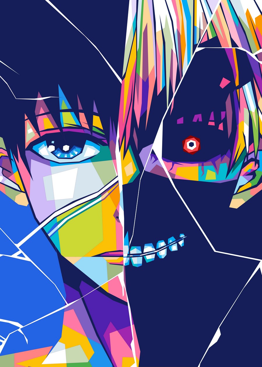 A striking WPAP-style illustration of Kaneki Ken from Tokyo Ghoul, depicting his transformation. The artwork splits his face into two halves: one side shows his normal human face, and the other features his ghoul persona with a blackened, eerie tone. The use of geometric shapes and vibrant colors intensifies his dual nature.
