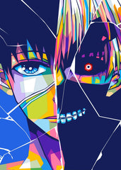 A striking WPAP-style illustration of Kaneki Ken from Tokyo Ghoul, depicting his transformation. The artwork splits his face into two halves: one side shows his normal human face, and the other features his ghoul persona with a blackened, eerie tone. The use of geometric shapes and vibrant colors intensifies his dual nature.
