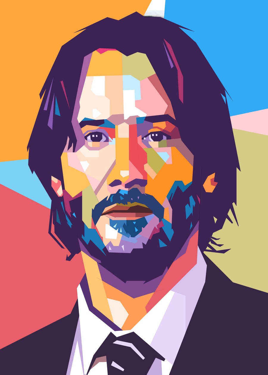 Keanu Reeves in WPAP art, with vibrant colors and geometric shapes highlighting his iconic features and charismatic style.