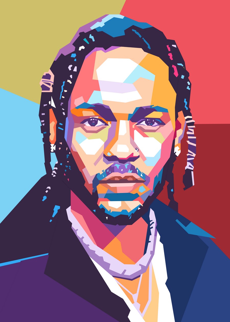  Kendrick Lamar in WPAP art, with geometric shapes and vibrant colors capturing his hip-hop artistry and powerful presence.