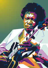 A vibrant WPAP illustration of B.B. King, the legendary blues guitarist. He’s depicted with his iconic guitar, embodying the power and emotion of his music. Bold color contrasts highlight his soulful expression, bringing out the essence of the "King of Blues."