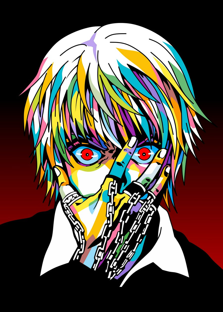 A striking WPAP-style illustration of Kurapika from Hunter x Hunter. The artwork uses sharp geometric shapes and bold colors to portray Kurapika’s intense determination, fierce resolve, and the emotional depth behind his quest for vengeance.