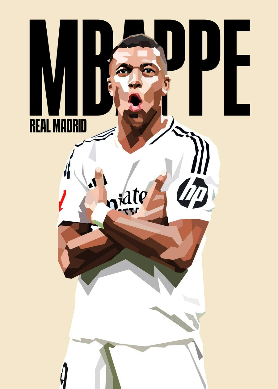  Vexel art of Kylian Mbappe, a football player from Real Madrid, featuring dynamic lines and vibrant colors that represent his speed and skill.







