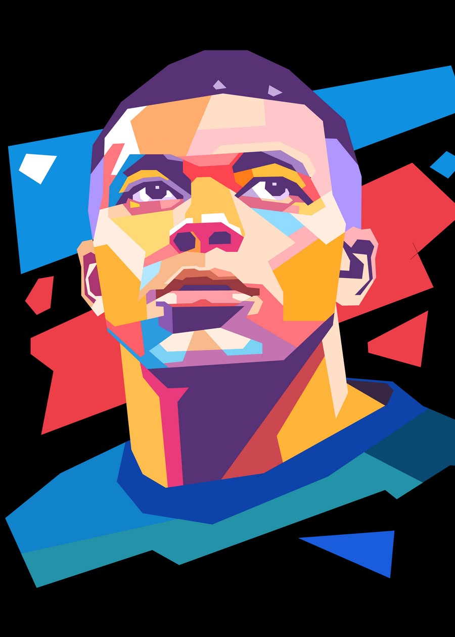 WPAP art illustration of Kylian Mbappe, capturing his energy and speed in vibrant colors.