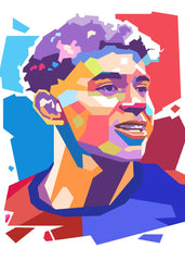  Lamine Yamal WPAP portrait, colorful, smiling, geometric pop-art style.