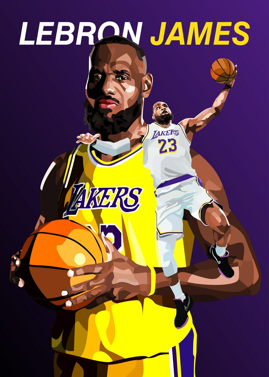 LeBron James vexel art, basketball action in Los Angeles Lakers uniform.