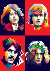 Led Zeppelin WPAP portrait, four members, red background, bold geometric colors.