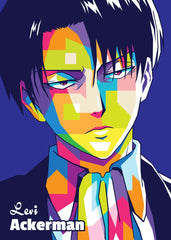 A striking WPAP-style illustration of Levi Ackerman from Attack on Titan. The artwork captures his cold, stoic demeanor and unwavering strength through sharp geometric shapes and bold colors, reflecting his cool and composed personality.

