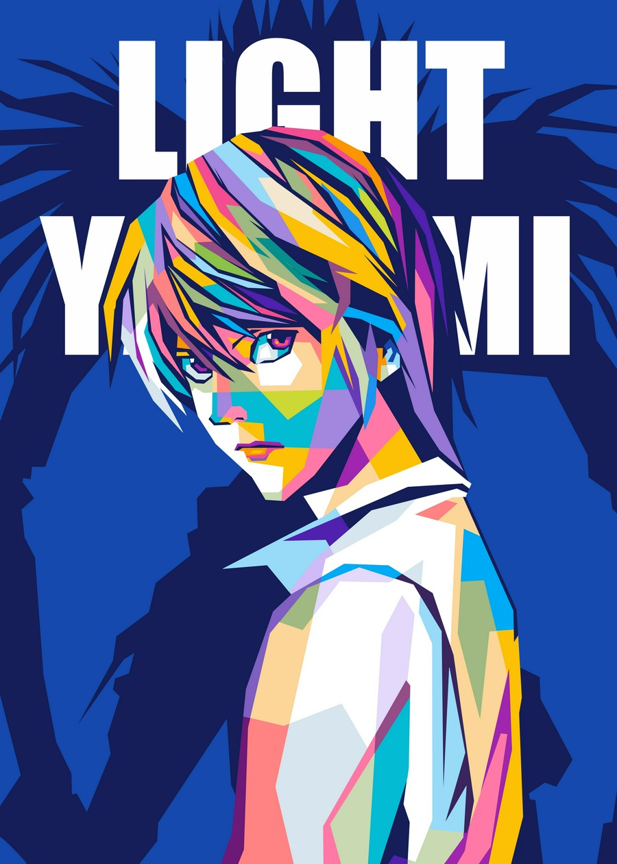 A bold and colorful WPAP-style illustration of Light Yagami from Death Note. The artwork features sharp geometric shapes and vibrant tones, capturing his intelligence and complex personality in a striking, modern pop-art aesthetic.
