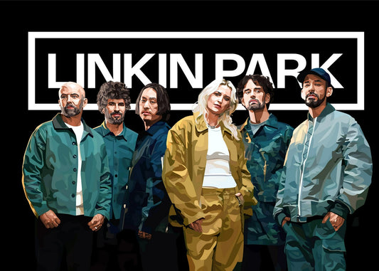 Linkin Park with new member in 2025, illustrated in vexel art style.