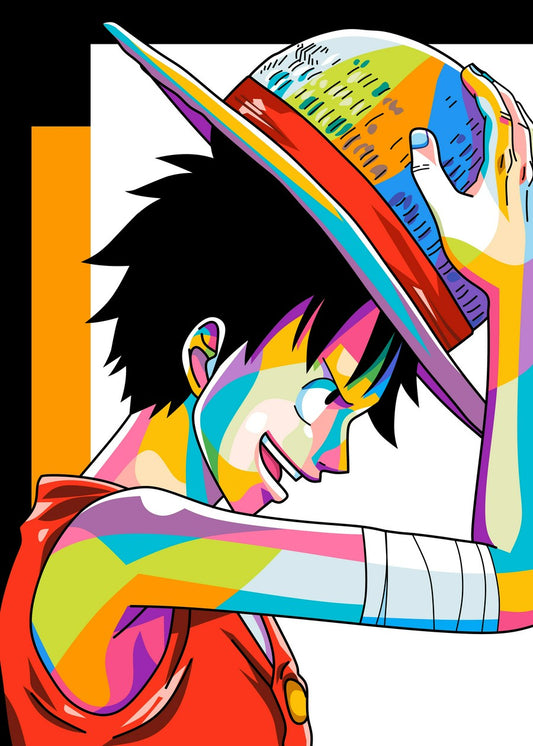 A vibrant Pop Art-style illustration of Luffy from One Piece, shown in profile as he bows respectfully, removing his hat. The bold colors and dynamic lines create a playful yet powerful visual impact, emphasizing Luffy's character and his unwavering respect for others.