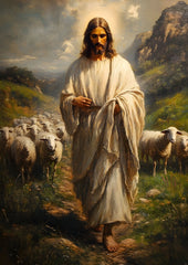 Jesus leading a flock of sheeps